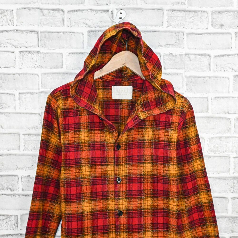 ORO Los Angeles Men's Hooded Flannel Shirt Red Orange Plaid size Small - Picture 2 of 4